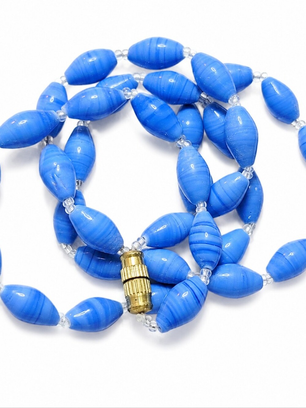 Vintage Blue Art Glass Bead Necklace 20" Hand Strung Periwinkle Blue Barrel Bead